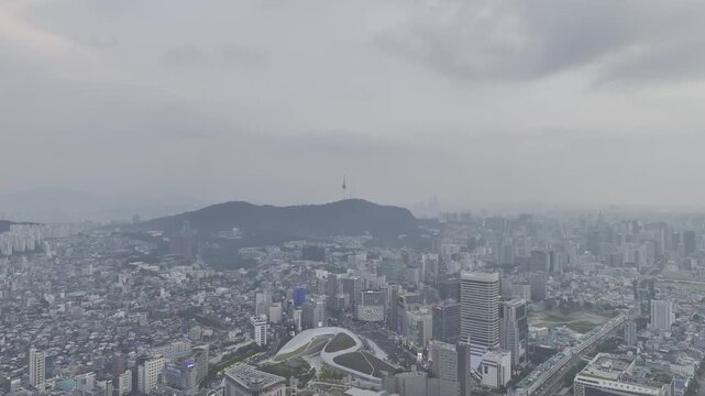 Aerial Drone View of Jongno Cityscape near Dongmyo Station and DDP Dongdaemun Design Plaza in Seoul, South Korea
