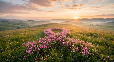 Fototapeta premium Breast Cancer Awareness Ribbon Formed By Blooming Pink Flowers During Peaceful Sunrise Morning Landscape