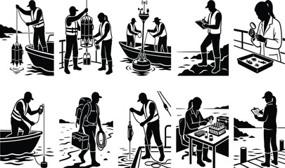 Wind turbine maintenance silhouette set featuring engineers repairing green energy systems, climbing towers, and inspecting wind generators.eps,  © Yousuf