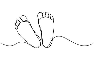 Continuous single line drawing of two human feet showing toes and heel in a simple minimalist art style vector graphic Vector, illustration © Creative_Outline2019