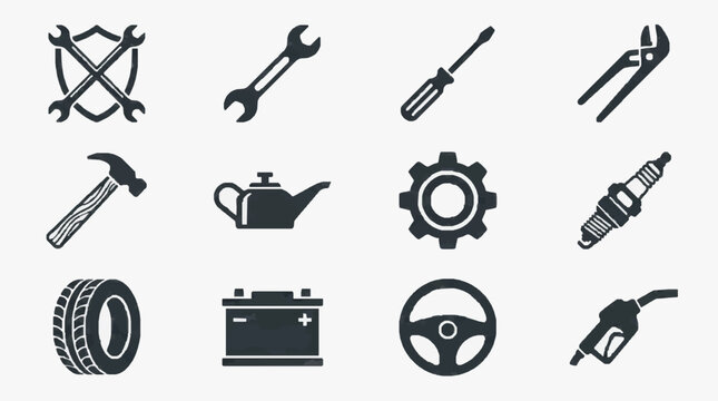 Automotive Tools and Vehicle Components Icon Set.