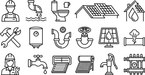Plumbing service and home heating line icon set featuring solar energy water systems maintenance and repair © AKTAR