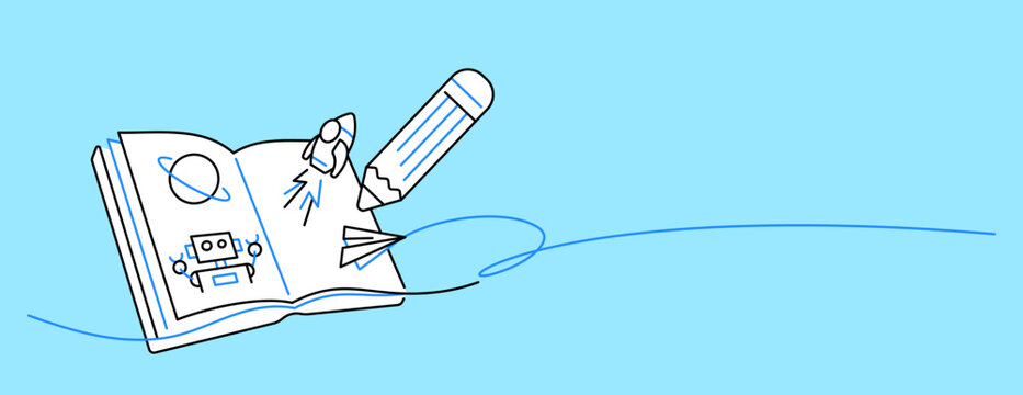 open sketch book children creativity imagination single line illustration
