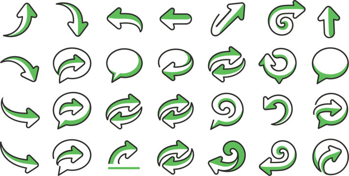Diverse green arrow icons collection including reload refresh undo redo and navigation symbols for user interface design and web development.