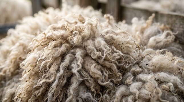 Raw sheep wool texture on a rustic wooden fence in an outdoor livestock enclosure