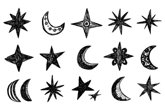 Hand drawn celestial doodle set. Ink stars and moon symbols in doodle sketch style. Pen and ink vector collection for scrapbook, stickers, branding, journals, posters and mystical designs.