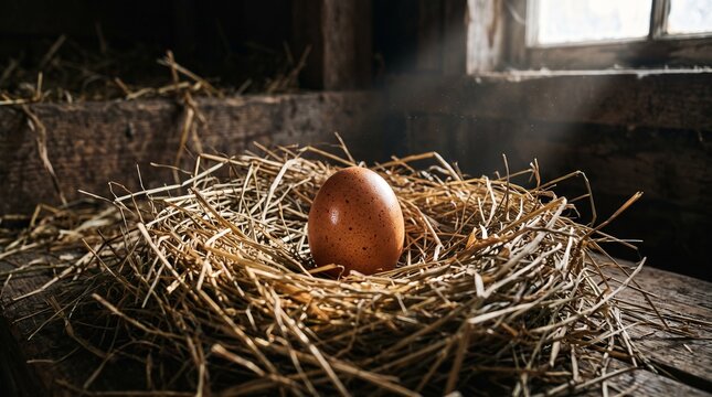 A single speckled brown egg resting in a rustic straw nest inside a vintage barn