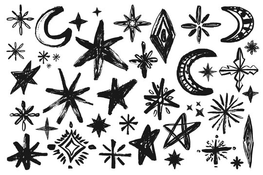 Grunge Scribble Stars and Moon Brushstroke Icons Set. Black crayon hand drawn doodle sparks. Sketch celestial symbols, vector illustration for colalge, sticker, laebl, scrapbook design.