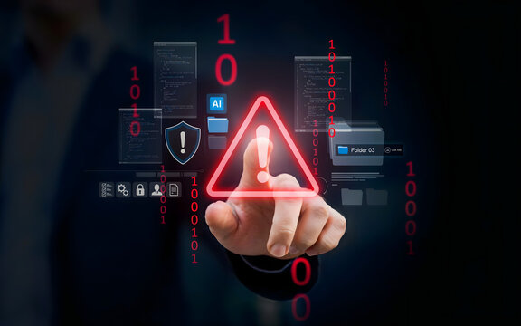 A hand pressing a glowing red hazard symbol on a digital display filled with binary code and security representing a data breach alert