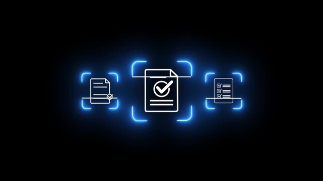 Glowing neon document scanning technology for digital paperwork management, showing business professional concept to capture paper documents and convert them into searchable digital data