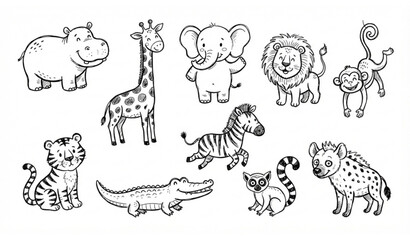 Cute hand-drawn savannah animal vector collection, playful black and white doodle safari characters for children © Md