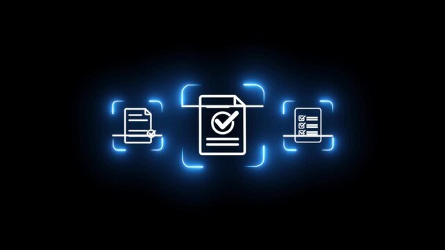 Glowing neon document scanning technology for digital paperwork management, showing business professional concept to capture paper documents and convert them into searchable digital data