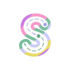 Fototapeta premium Colorful lowercase letter s tracing worksheet designed for preschool and kindergarten children. Fun alphabet handwriting practice with directional path, perfect for early education, worksheets