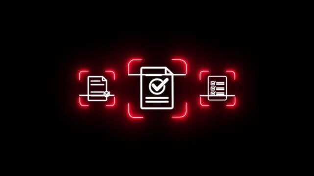 Glowing neon document scanning technology for digital paperwork management, showing business professional concept to capture paper documents and convert them into searchable digital data