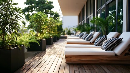 Fototapeta premium Modern wooden deck terrace lined with lounge chairs and potted tropical plants under bright daylight
