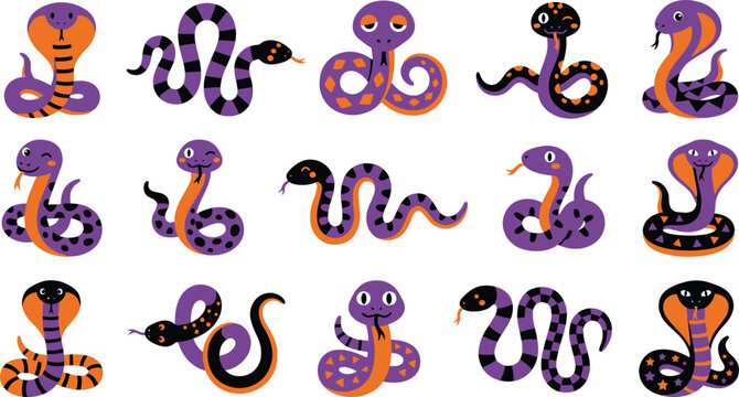 Collection of colorful cartoon snakes in various poses and patterns