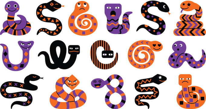 Playful snake alphabet collection with halloween colors and cartoon expressions