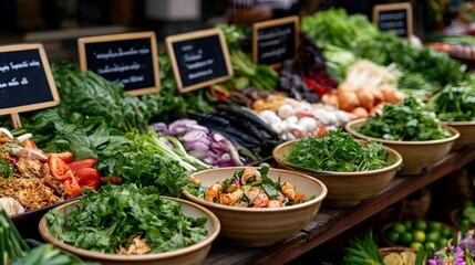 Obraz premium Fresh produce stall displays vibrant vegetables herbs and prepared dishes in wooden bowls with small chalkboard signs