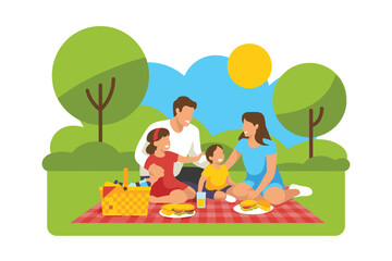 Naklejka premium Happy Family Picnic Outdoors on Green Grass Illustration