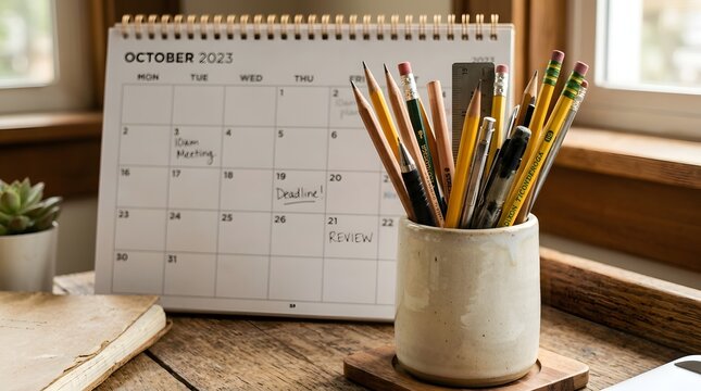 Pencil cup on desk with calendar background for office planning and organization