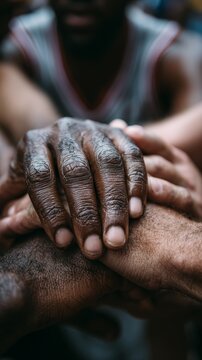 Diverse hands stacked together in unity symbolize teamwork and solidarity against a blurred background.