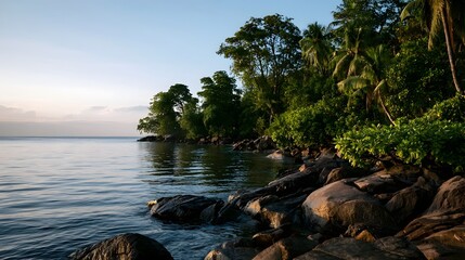 Obraz premium Serene tropical coastline at sunrise featuring lush greenery palm trees and calm ocean waters beside rocky shore