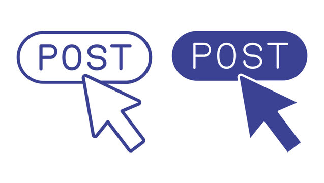 Post Button Line and Solid Icon Set with Cursor Pointer Vector Illustration, Social Media Publishing Symbol, Content Upload Interface Element, Blog Article Posting, Web UI UX Design Collection