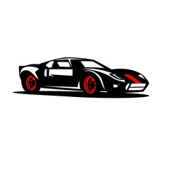 Fototapeta premium Stylized illustration of a sleek black sports car with red accents, including red wheels and a front hood stripe