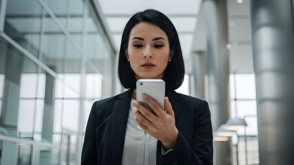 Fototapeta premium Confident business executive walking with smartphone inside a modern corporate building, expressing mobility and leadership. today scene go .Concept of professional confidence, urban corporate work.