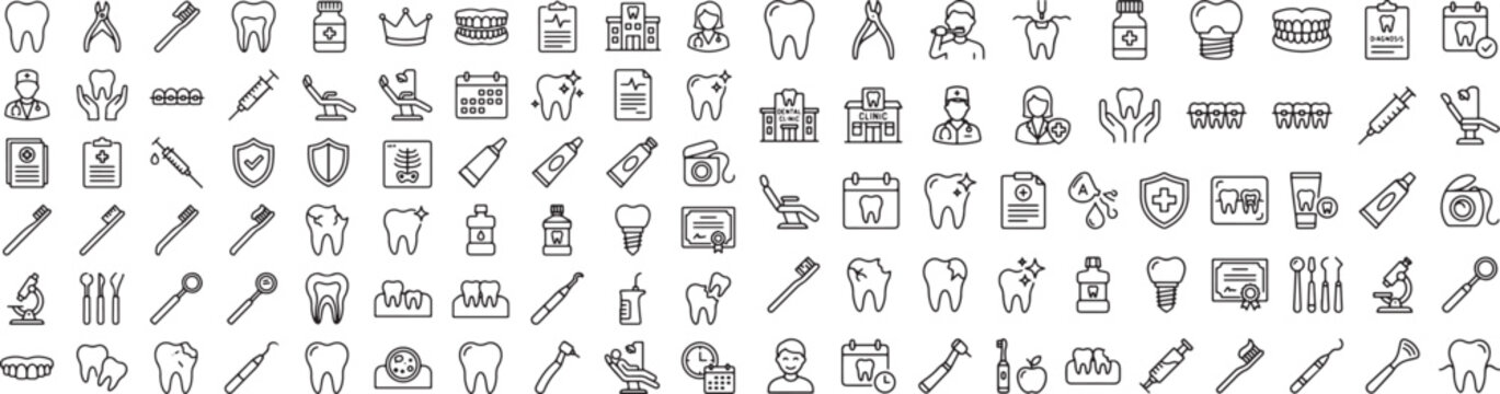 Dental Care Icon Set, Linear Tooth Health and Orthodontist Symbols, Vector Line Art Icons
