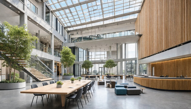 Contemporary office building atrium with wooden cladding and skylight ceiling interior architecture building skylight cladding corporate workspace commercial business reception