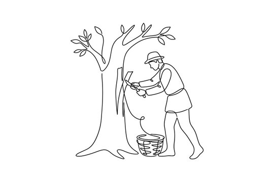 Continuous line drawing of a rubber tapper harvesting latex from a tree.