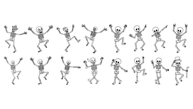 Cartoon Dancing Skeleton Line Art Collection Vector Set Isolated on PNG Background, dancing skeleton, skeleton line art, skeleton outline, cartoon skeleton, halloween skeleton, dancing bones, funny ,