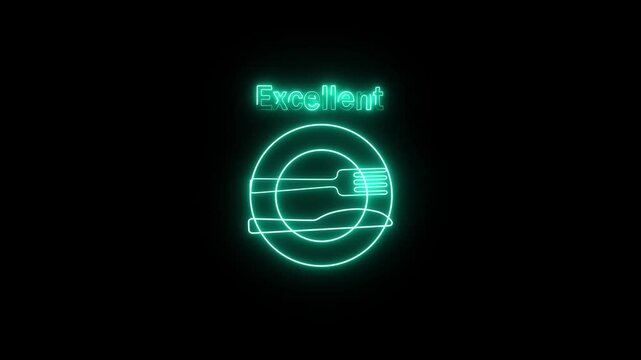 Glowing neon crossed fork and knife icon representing satisfaction and appreciation for an excellent meal, isolated on a dark background.