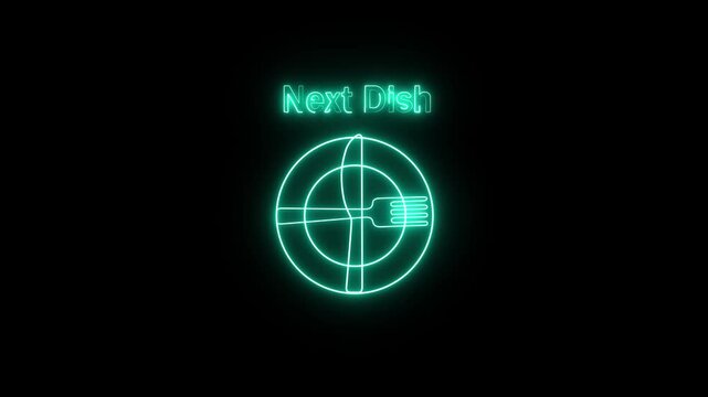 Glowing neon fork and knife icon indicating readiness for the next course, isolated on a dark background.