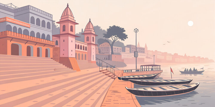  Dashashwamedh Ghat, Varanasi, modern vector illustration, limited color palette, river steps and boats
