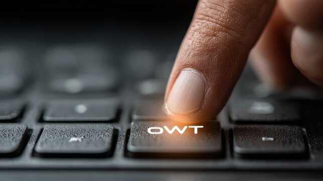 A finger presses a glowing OWT key on a dark keyboard background, symbolizing digital interaction and technological control.