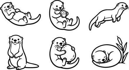 Fototapeta premium Playful otters in various poses with shell and sleeping near cattails