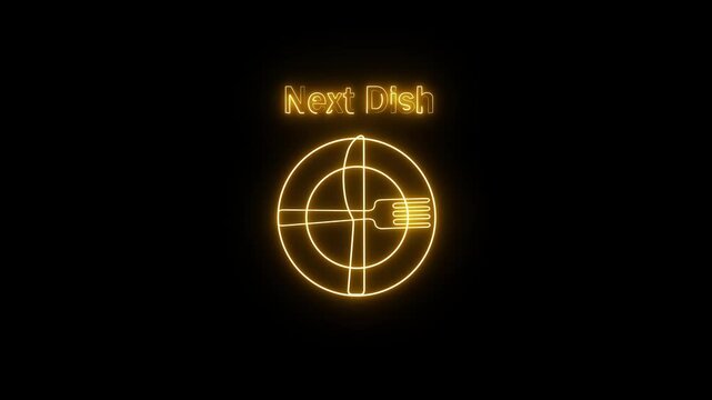 Glowing neon fork and knife icon indicating readiness for the next course, isolated on a dark background.