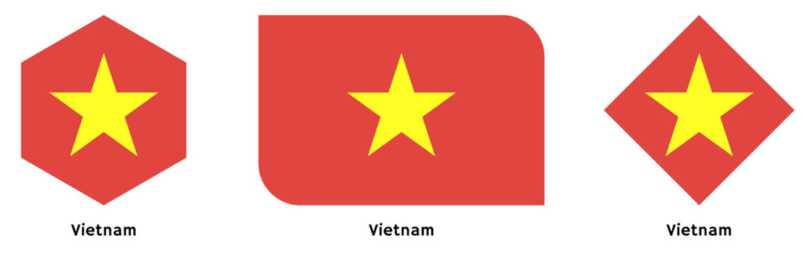 Vietnam flag vector SVG in hexagon, curved rectangle, and diamond flag shapes with transparent background. Editable, scalable national flag design for branding, web, print, and digital media.