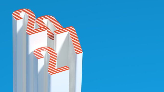 3D isometric 2027 New Year number with white extrusion and red striped top on a light blue background, copy space