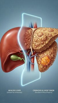 Healthy human organ, comparison to diseased liver with cirrhosis and tumor, medical pathology, illustrating disease states and damage progression