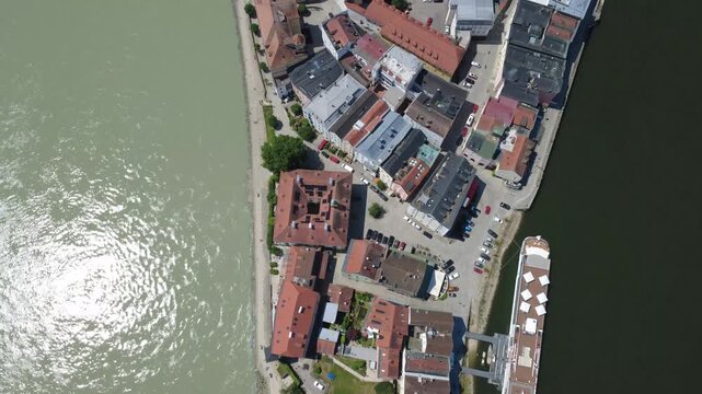 Aerial hyperlapse over three rivers and old town of Passau, Germany