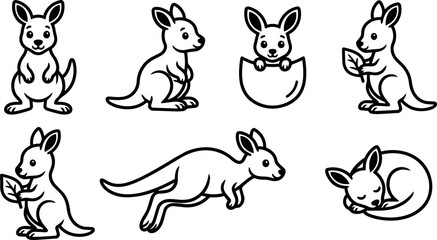 Fototapeta premium Black and white cartoon kangaroo in various poses holding leaf and sleeping