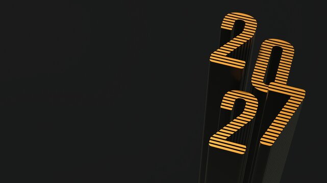 3D isometric 2027 New Year number with black extrusion and gold striped top on a dark black background, copy space