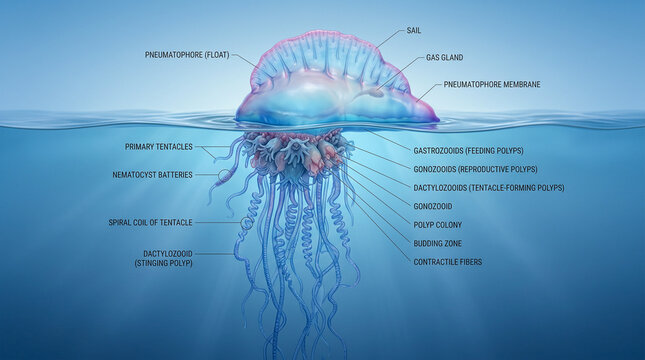 Ilustraci&oacute;n cient&iacute;fica hiperrealista de una Physalia physalis mostrando el flotador, los p&oacute;lipos y los largos tent&aacute;culos con etiquetas anat&oacute;micas discretas. Fondo azul degradado limpio.