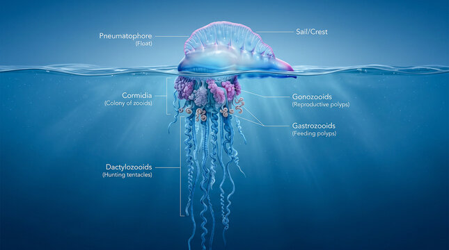 Ilustraci&oacute;n cient&iacute;fica hiperrealista de una Physalia physalis mostrando el flotador, los p&oacute;lipos y los largos tent&aacute;culos con etiquetas anat&oacute;micas discretas. Fondo azul degradado limpio.