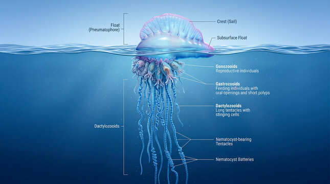 Ilustraci&oacute;n cient&iacute;fica hiperrealista de una Physalia physalis mostrando el flotador, los p&oacute;lipos y los largos tent&aacute;culos con etiquetas anat&oacute;micas discretas. Fondo azul degradado limpio.