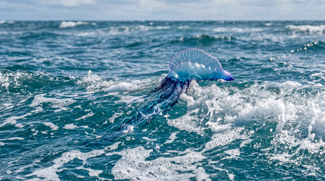 Carabela portuguesa navegando entre peque&ntilde;as olas del oc&eacute;ano con espuma marina. Fotograf&iacute;a de acci&oacute;n natural, enfoque selectivo y gran realismo, calidad 8K.