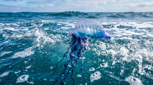 Carabela portuguesa navegando entre peque&ntilde;as olas del oc&eacute;ano con espuma marina. Fotograf&iacute;a de acci&oacute;n natural, enfoque selectivo y gran realismo, calidad 8K.